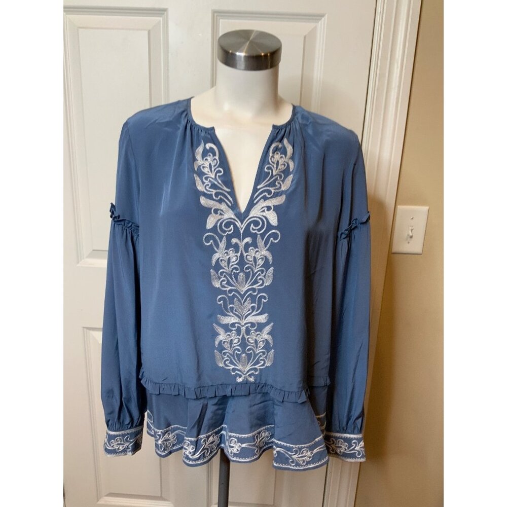 Parker Blue Silk Floral Embroidered Ali Tunic NWT $298, Size L